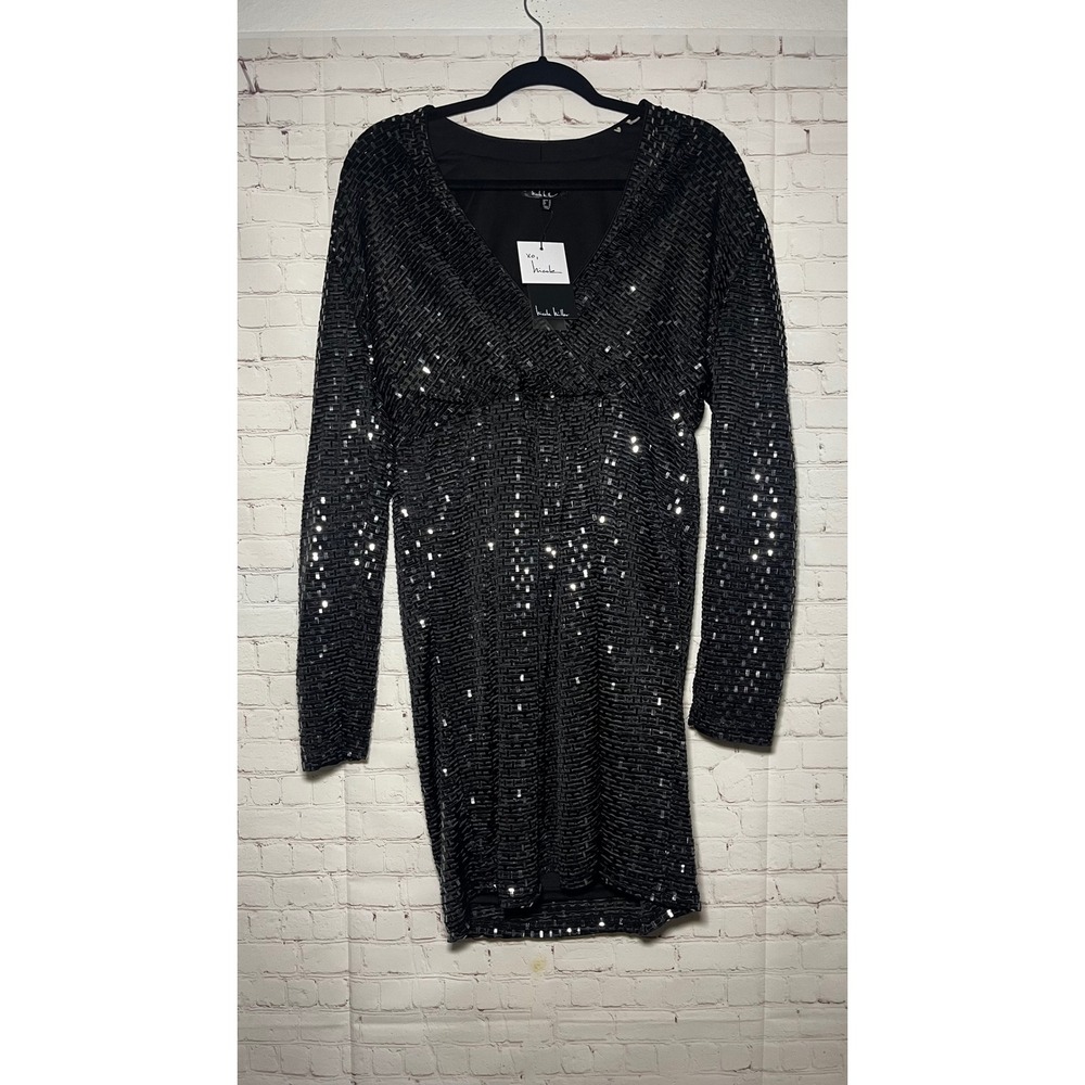 Nicole‎ Miller Black Silver Sequin Long Sleeve Cocktail Party Mini Dress Size 14